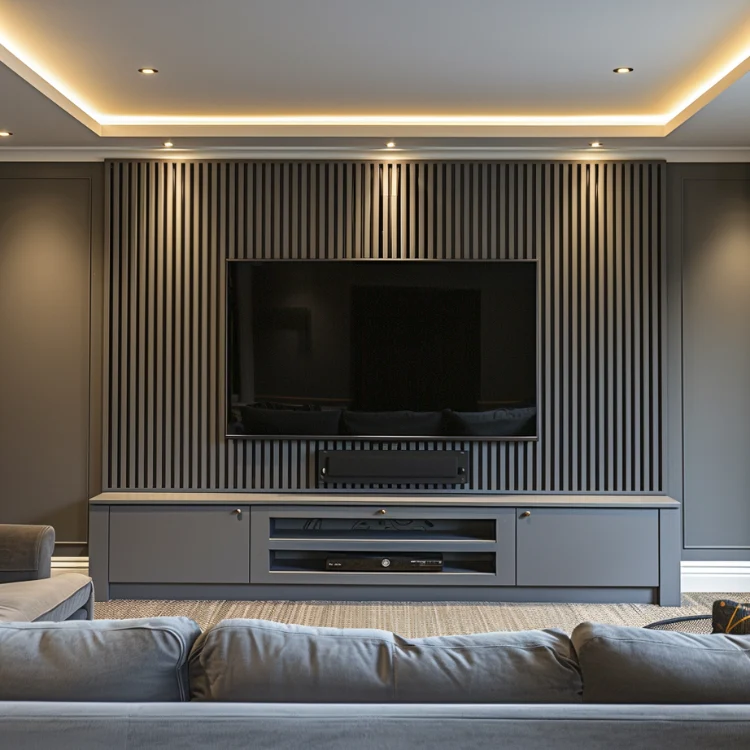 Custom media wall design reflecting personal style and interior preferences