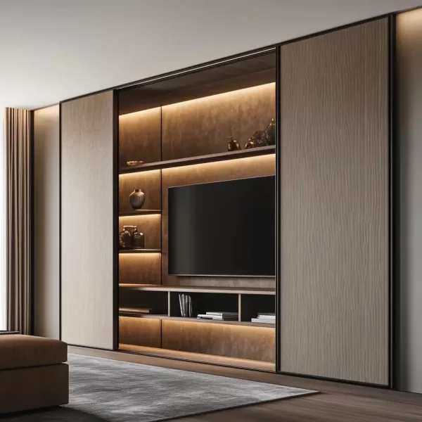 Media wall with sliding doors