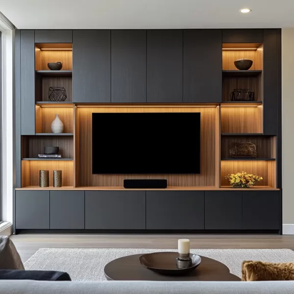 A media wall with overhead storage