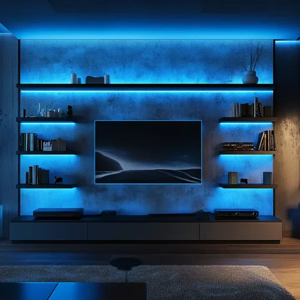 A media wall with blue led lighting