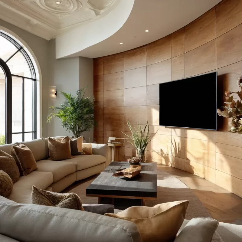 A wooden media wall in a curved room
