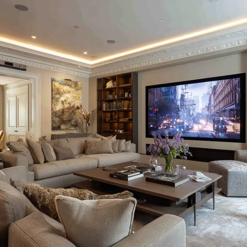 A wooden media wall in a wide room, the media wall covers the whole width of the wall