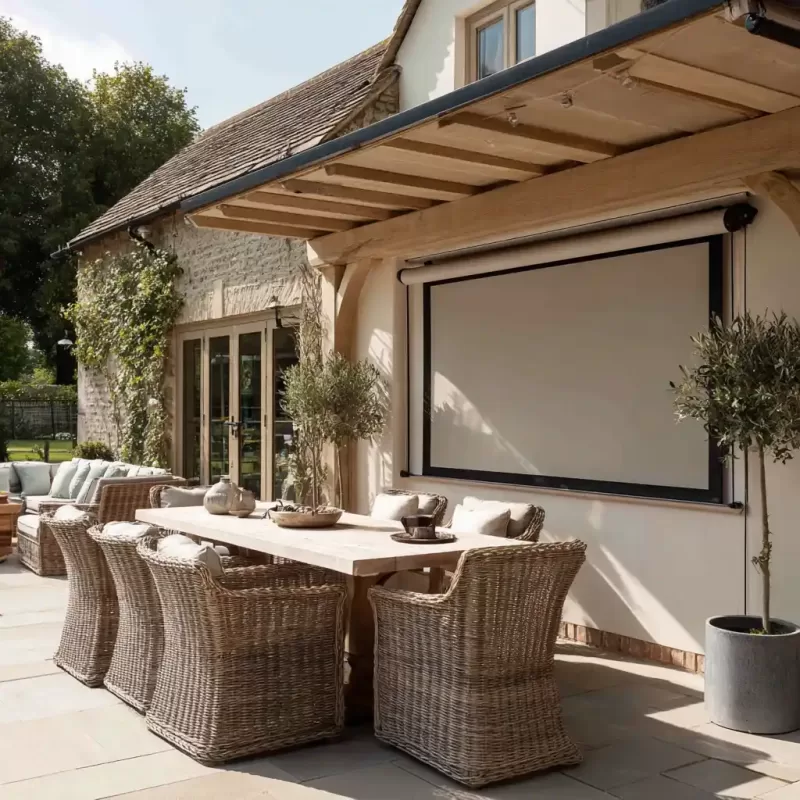 A media wall on the side of a house with a canopy and roller to protect it from the weather