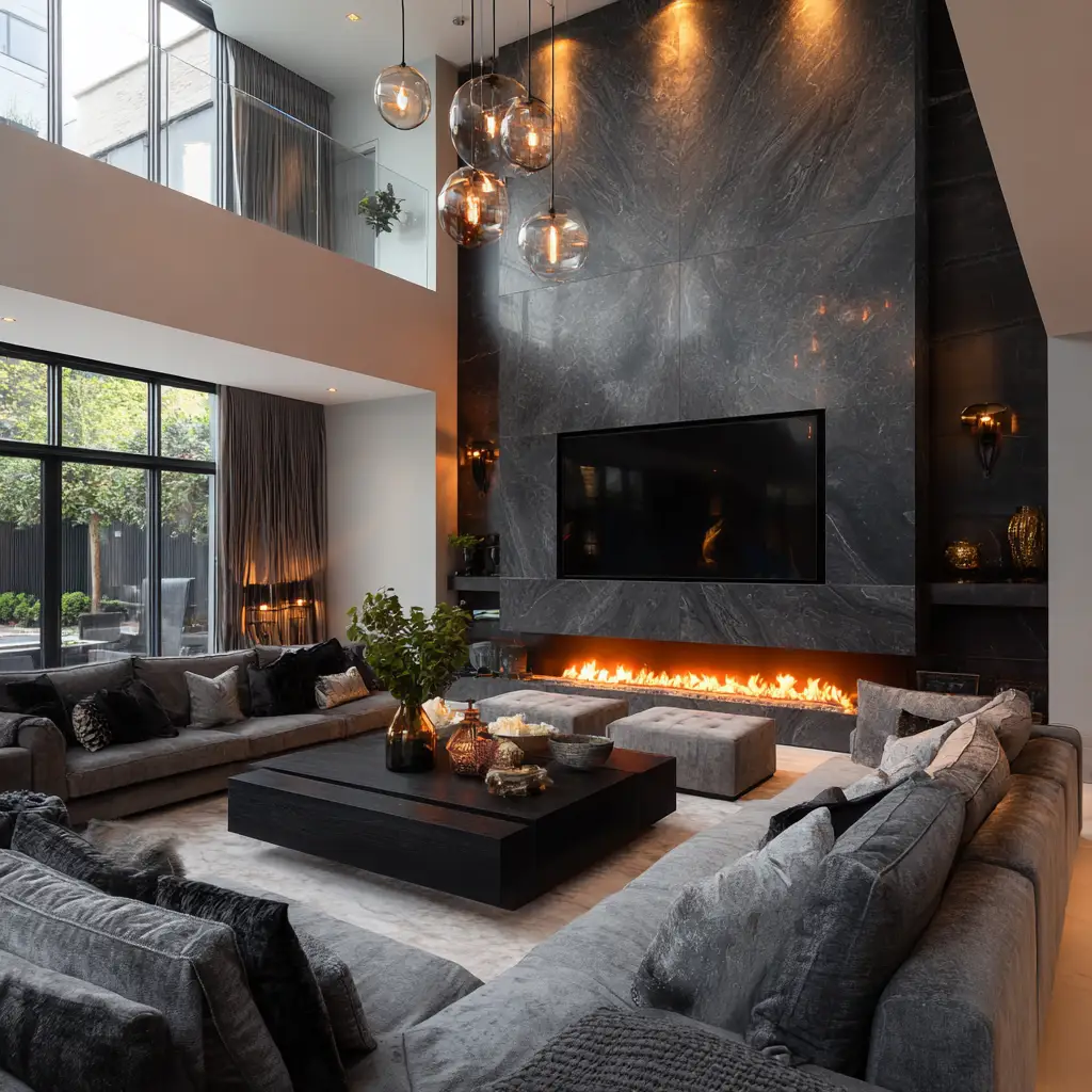 A large media wall in a room with two floors