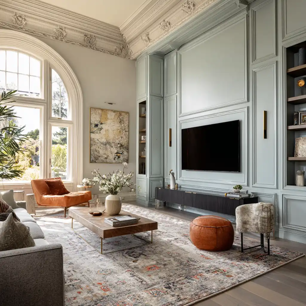 A large media wall in a victorian home with a high ceiling