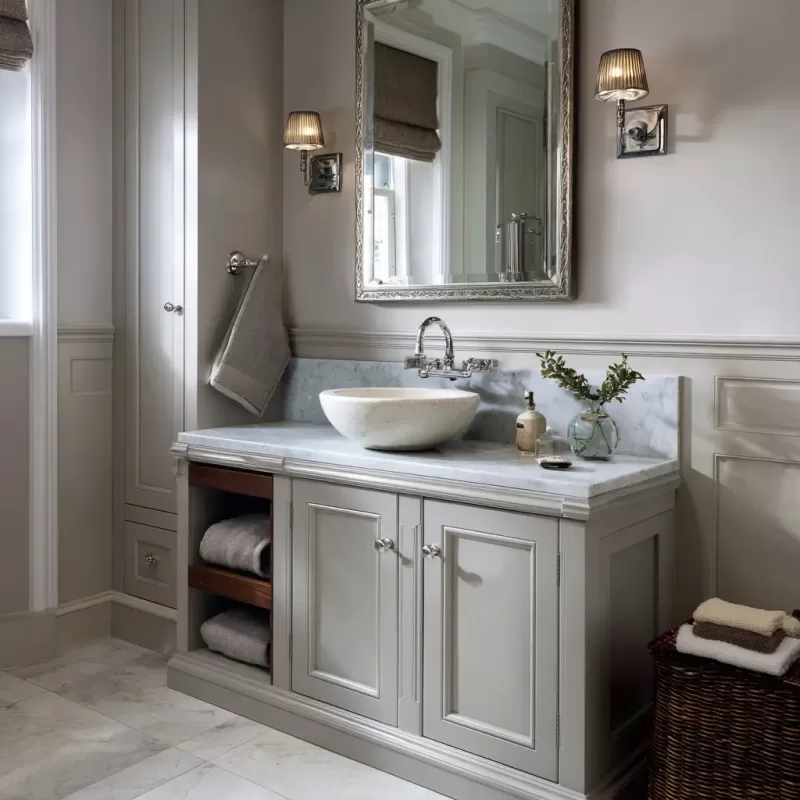 A grey bathroom vanity cabinet with mirror