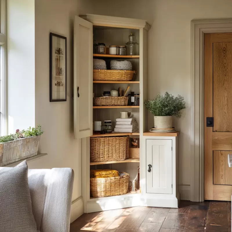 A corner cabinet in a kitchen
