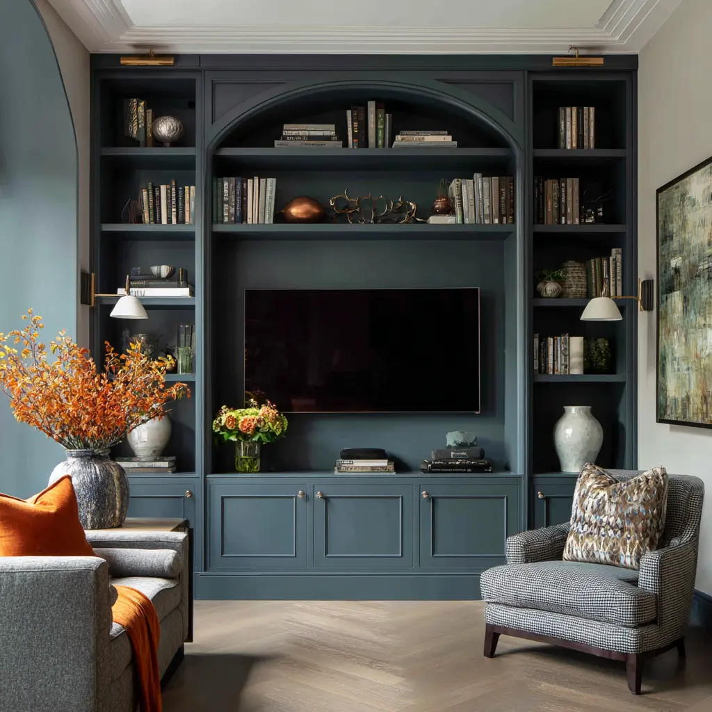 Media wall cabinet with curved feature