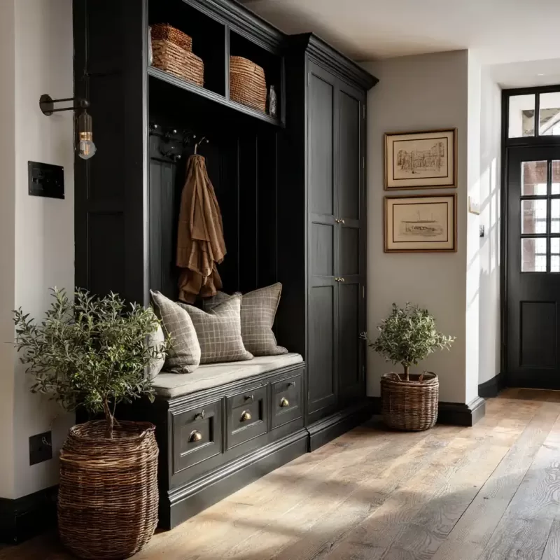 A mudroom cabinet for clothes and shoes