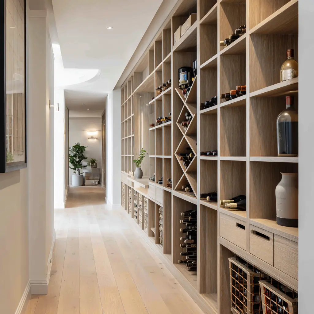 wine-wall Wine cabinet along the length of a corridor