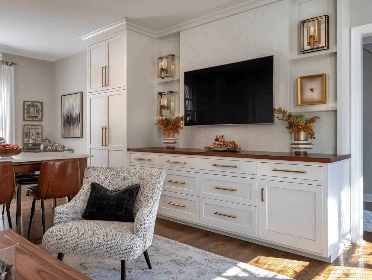 kitchen-side-wall-media-cabinet A media cabinet on a side wall in an open plan kitchen