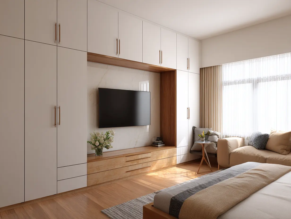 natural-color-bedroom-media-wall Bedroom media cabinet in cream with wardrobes