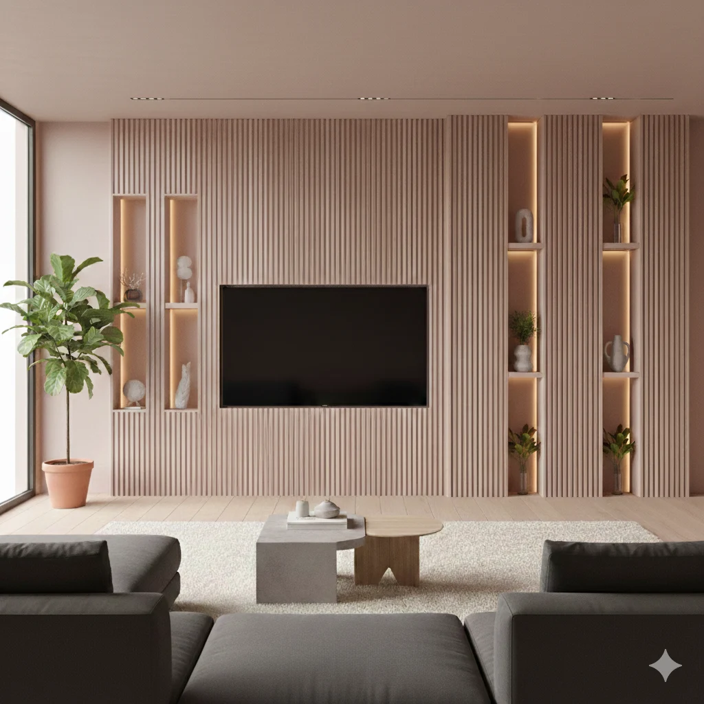 fluted-media-wall Fluted back panel on a wooden media wall